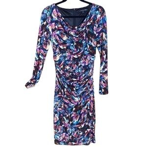 David Meister Art Wear Watercolor Brush Ruched Zip Stretch Midi Jersey dress 6
